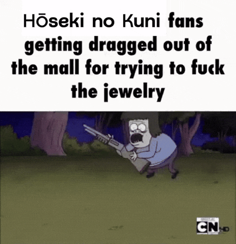 a cartoon of a man holding a gun with the words hoseki no kuni fans getting dragged out of the mall