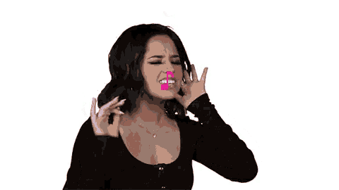 a woman in a black top is singing with pink music notes coming out of her mouth