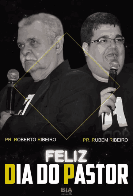 a poster that says feliz dia do pastor with two men holding microphones