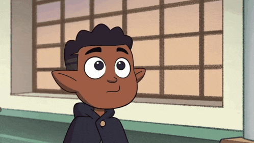 a cartoon character is standing in front of a window and looking out