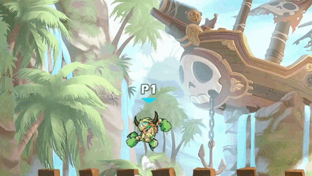 a pirate ship with a skull on it is surrounded by palm trees and a p1 sign