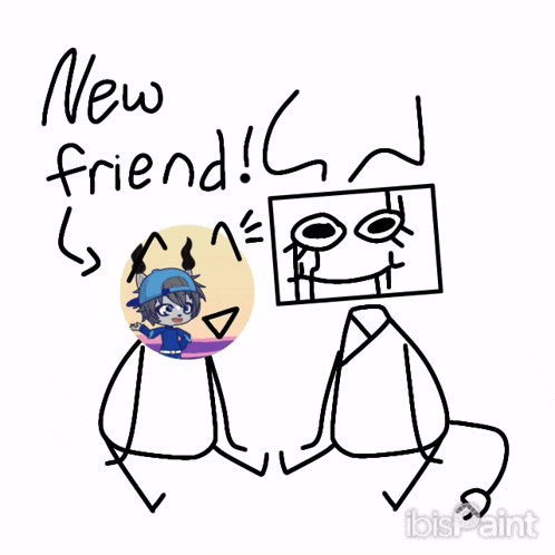 a drawing of two stick figures sitting next to each other with the words " new friend " written above them