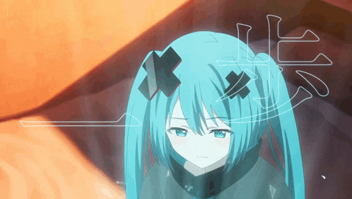 a blue haired anime girl with a x on her head