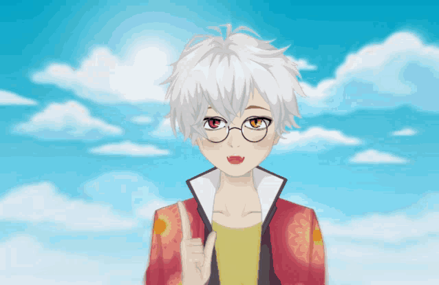 a boy with white hair and red eyes is wearing glasses and giving a thumbs up