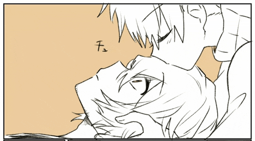 a black and white drawing of a man kissing another man with the letter t visible