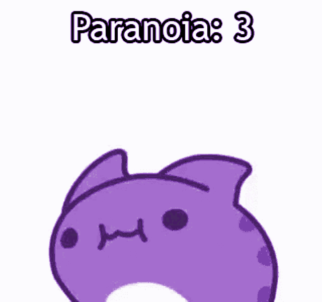 a purple cat with the words paranoia now on it 's face .