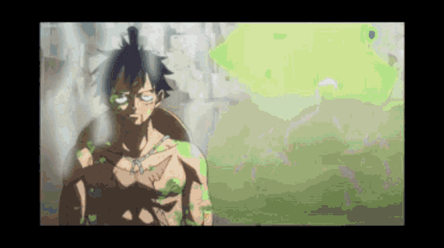 a man without a shirt is standing in front of a green background in a pixel art style .