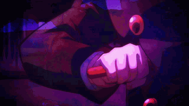 a person is holding a knife in their hand with a purple background