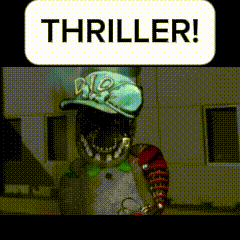 a cartoon character with a hat and the words thriller