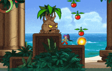 a video game scene with a cartoon character standing next to a tree