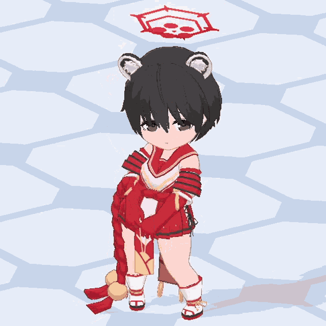 a girl in a red and white outfit has a bear headband