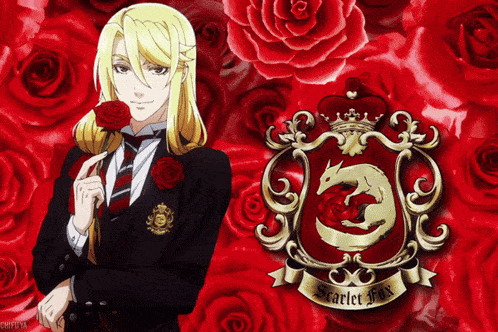 a man in a suit and tie holds a rose in front of a scarlet fox crest