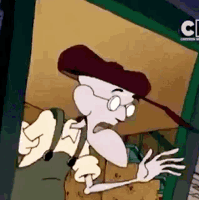 a cartoon character wearing a hat and glasses is standing in front of a door .