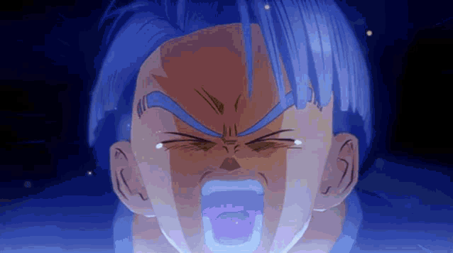 a close up of a person 's face with blue hair