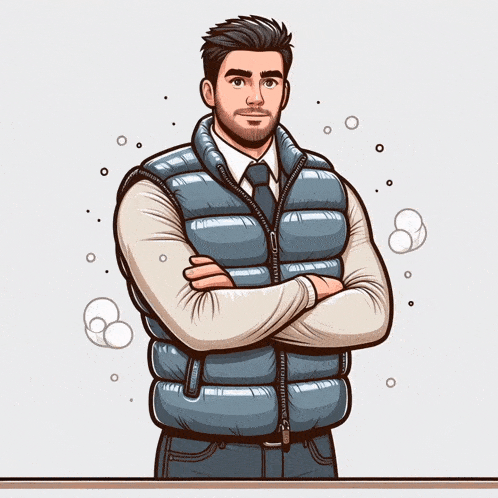 a man with his arms crossed wearing a blue vest