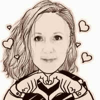 a black and white drawing of a woman making a heart with her hands surrounded by hearts .