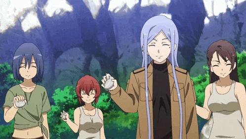 a group of anime characters are standing next to each other and smiling