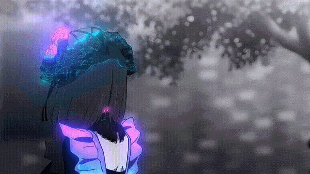 a black and white drawing of a girl in a maid outfit with a purple flower on her head
