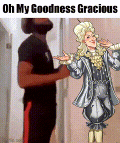 a man in a black shirt and red pants is standing next to a man in a fancy costume .