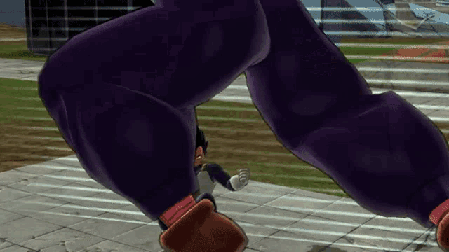 a cartoon character with purple pants is running