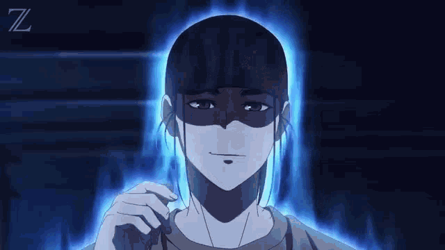 a man with a mask on his face is standing in front of a blue light .