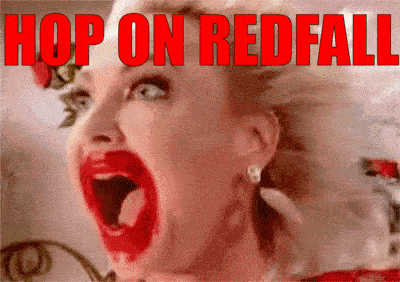 a close up of a woman 's face with the words hop on redfall in red letters