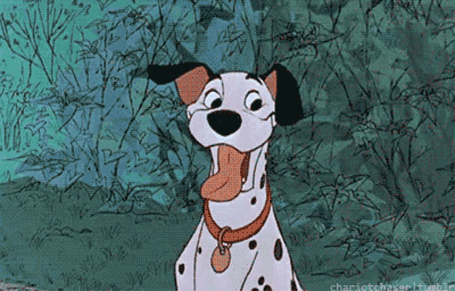 a dalmatian dog sticking its tongue out in a cartoon scene