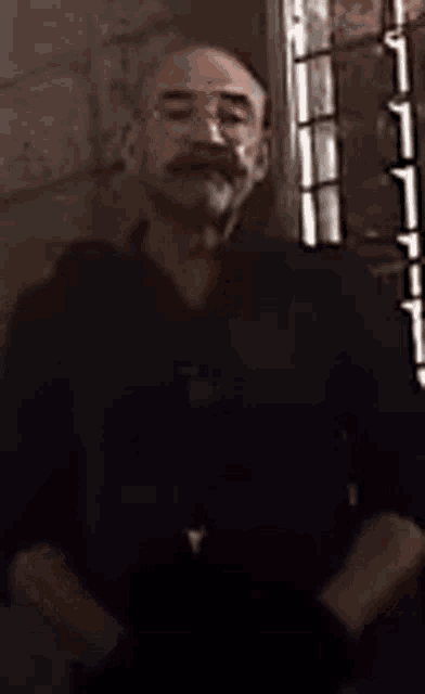 a man with glasses and a mustache is standing in front of a window .