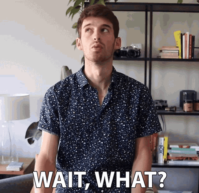 a man in a polka dot shirt is asking " wait what "
