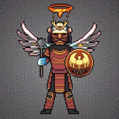 a pixel art of a samurai with wings and a shield