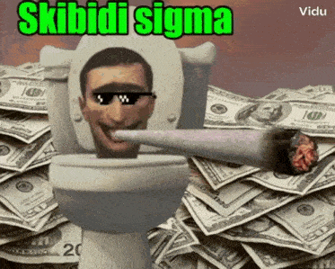 a picture of a man smoking a cigarette with the words skibidi sigma written above him