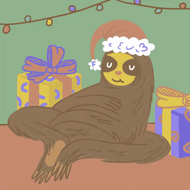 a drawing of a sloth wearing a santa hat surrounded by gifts