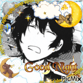 a picture of a boy with a crescent moon and the words good night