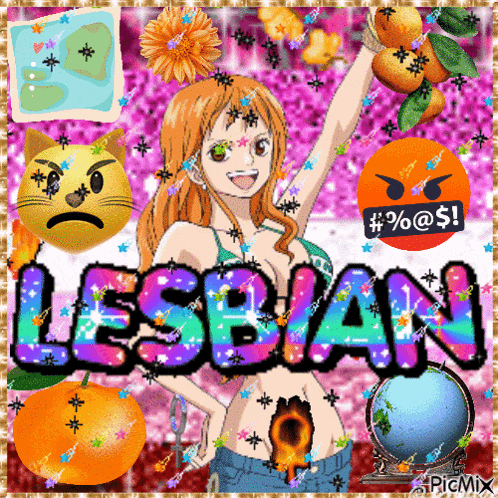 a picture of nami from one piece with the word lesbian written on it