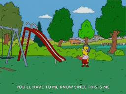 a cartoon of milhouse simpson playing frisbee in a park with the words you 'll have to me know since this is me