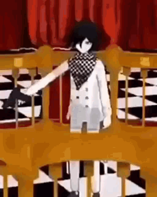 a cartoon character is standing on a wooden fence .