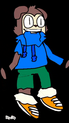 a cartoon character wearing a blue sweater and green shorts