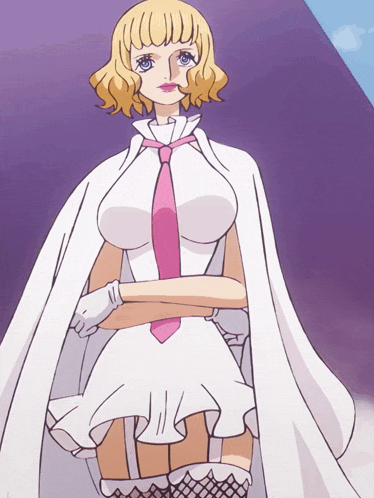 a woman with blonde hair and blue eyes is wearing a white cape and a pink tie