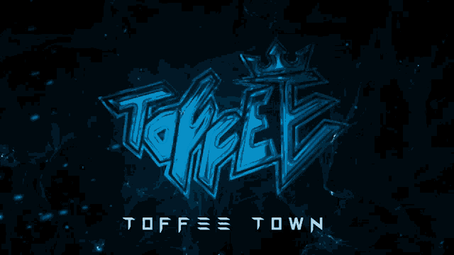 toffee town is written in blue on a black background