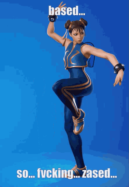 chun li from street fighter is holding a sword and says " based "