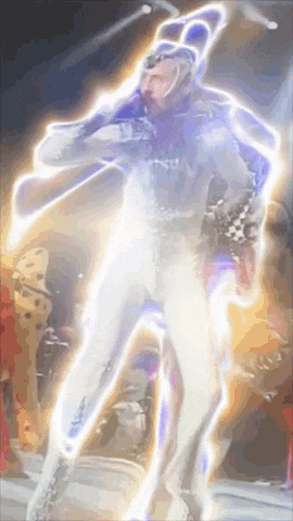 a man in a white suit is standing in front of a purple light