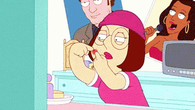 a cartoon of meg from family guy applying lipstick in front of a mirror