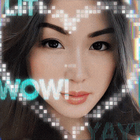 a close up of a woman 's face with the word wow written on it