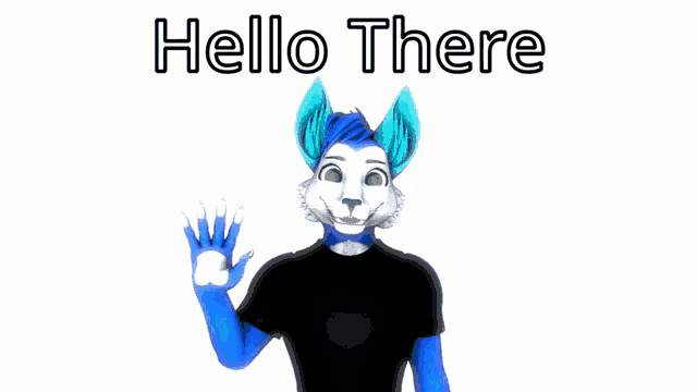 a blue and white furry character is waving with the words hello there above him