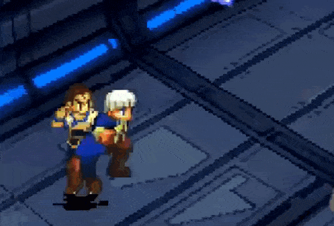 a pixel art of a man holding a gun standing next to a robot .