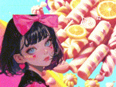 a girl with a pink bow on her head is surrounded by lemons and candy .