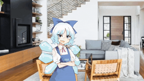 a cartoon character standing in a living room with her arms crossed