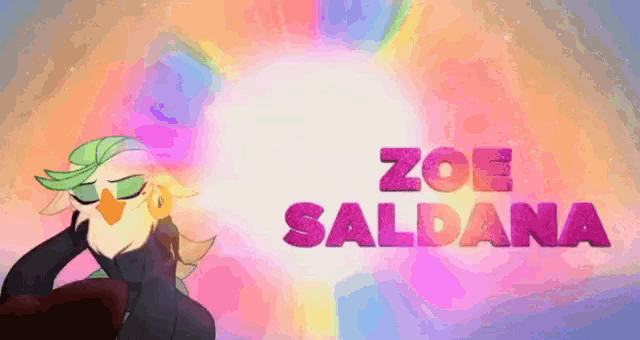 a cartoon of a bird with the name zoe saldana