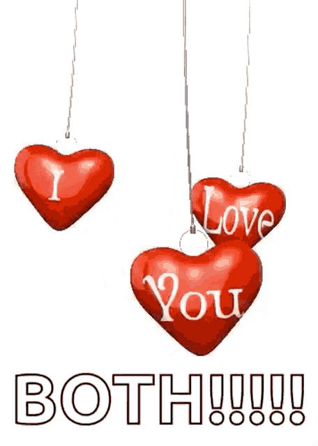 three red hearts that say i love you hang from a chain