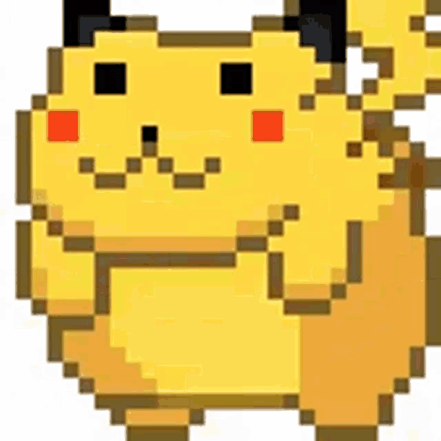 a pixel art of a yellow cat with black ears and red cheeks
